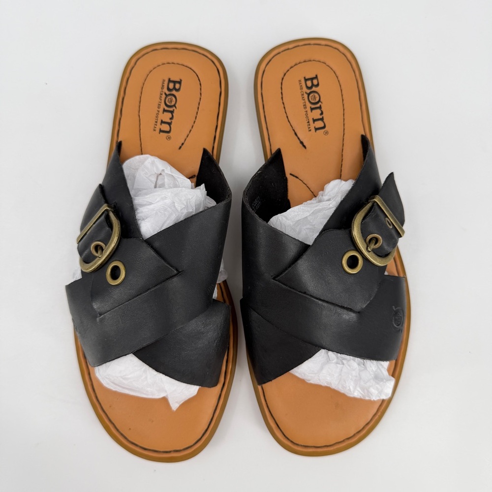 Born Rio Open Toe Slide Sandals Womens 8M Crisscross Strap Buckle Black Leather - Picture 10 of 15